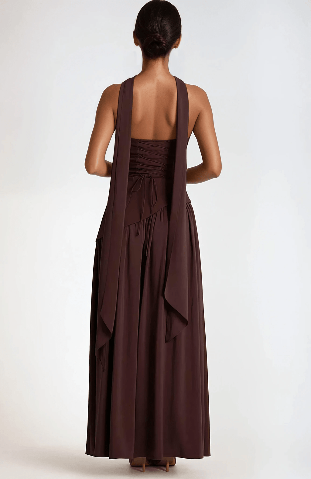 NICE TO MATCH YOU Maxi Dress Banksia Strapless Side Slit Maxi Dress with Scarf in Brown