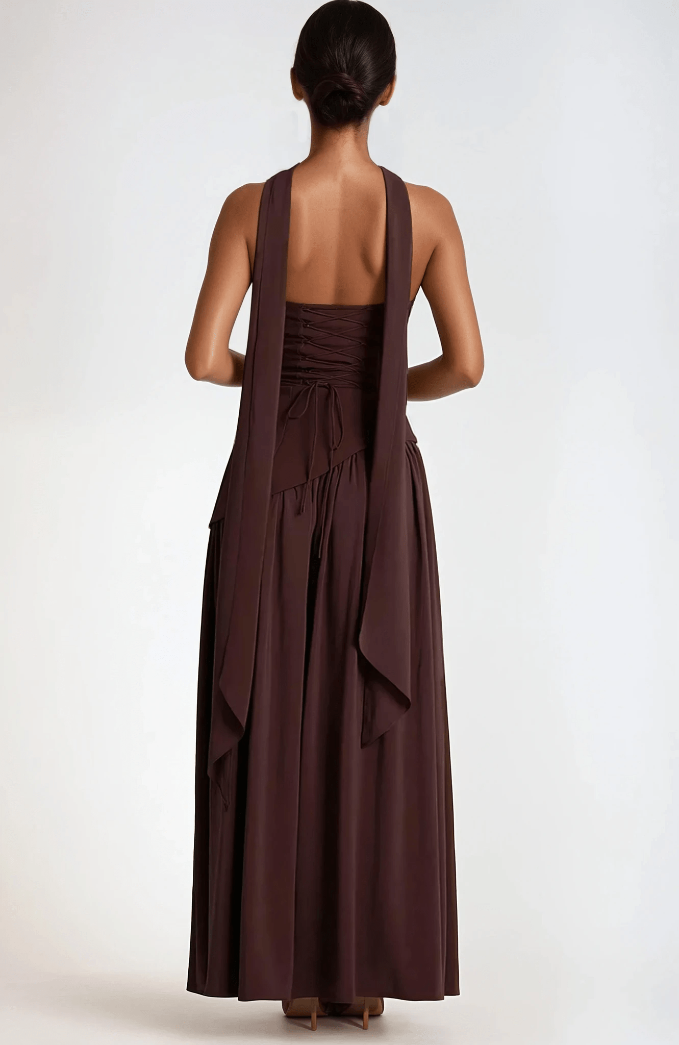 NICE TO MATCH YOU Maxi Dress Banksia Strapless Side Slit Maxi Dress with Scarf in Brown