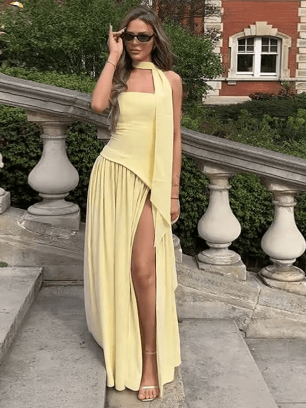 NICE TO MATCH YOU Maxi Dress Banksia Strapless Side Slit Maxi Dress with Scarf in Butter Yellow