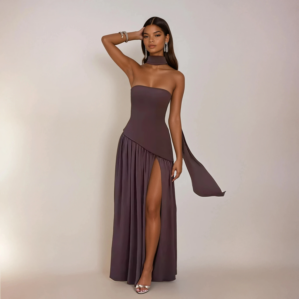 Banksia Strapless Side Slit Maxi Dress with Scarf in Brown NICE TO MATCH YOU Banksia Strapless Side Slit Maxi Dress with Scarf in Brown NICE TO MATCH YOU
