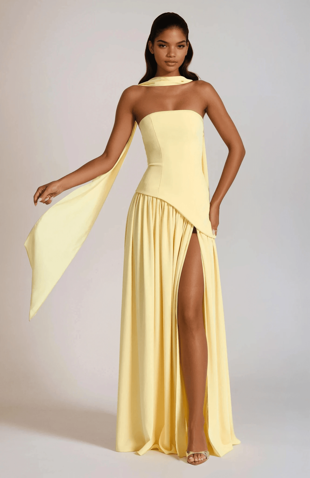 NICE TO MATCH YOU Maxi Dress Butter Yellow / S Banksia Strapless Side Slit Maxi Dress with Scarf in Butter Yellow