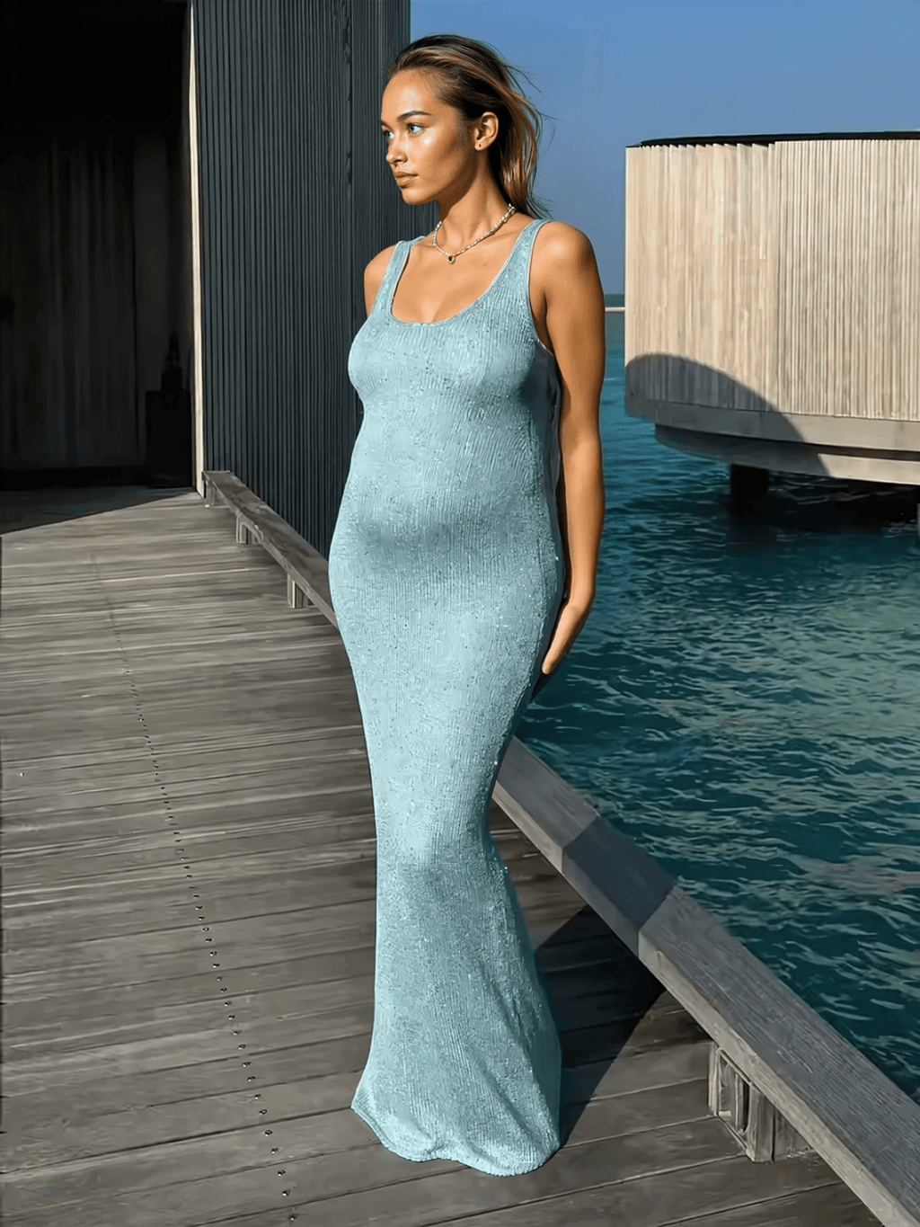 NICE TO MATCH YOU Maxi Dress Erica Sequin Knitted Semi Sheer Maxi Slip Dress in Blue