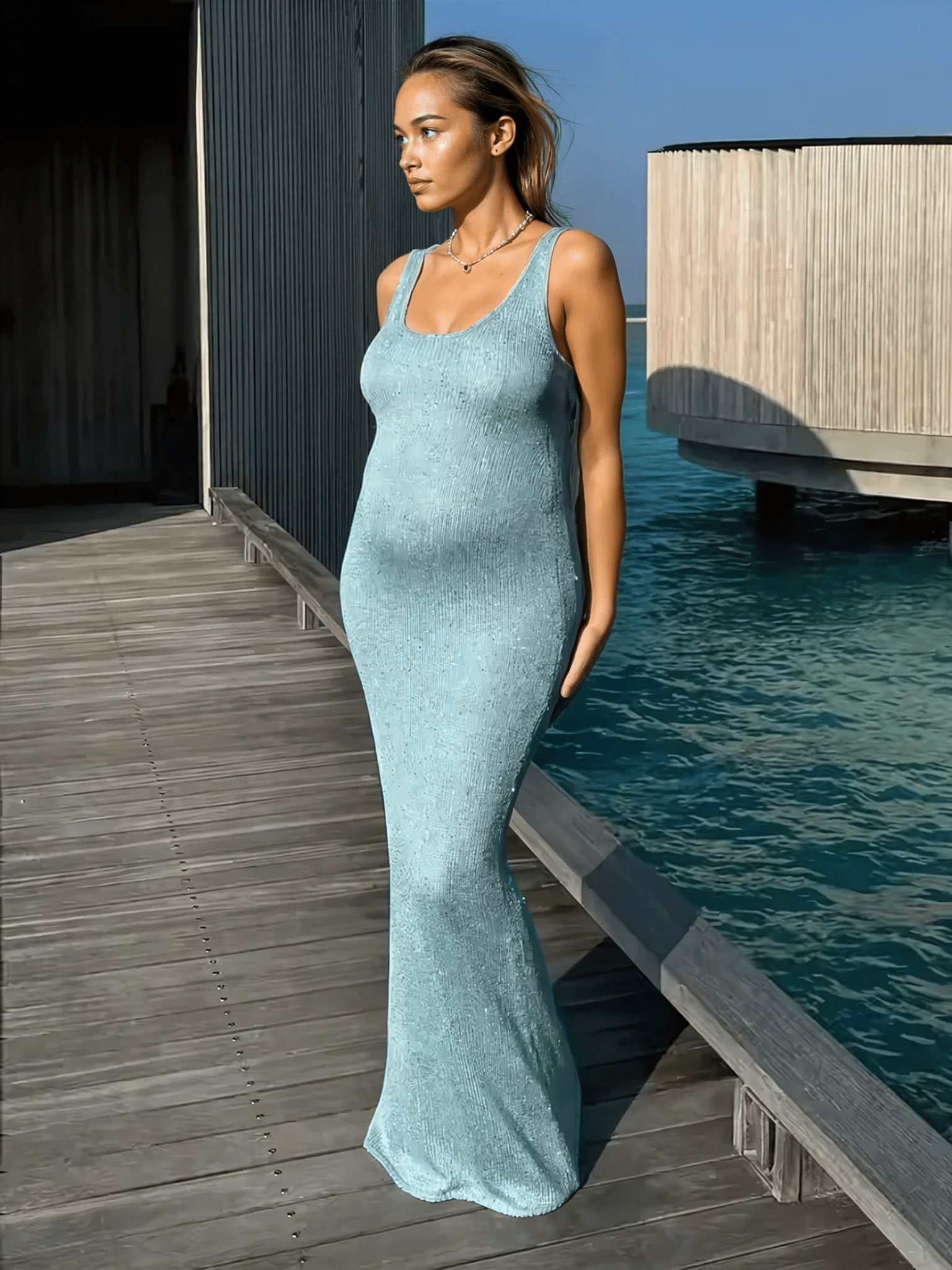 NICE TO MATCH YOU Maxi Dress Erica Sequin Knitted Semi Sheer Maxi Slip Dress in Blue