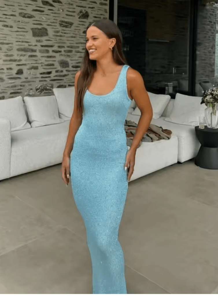 NICE TO MATCH YOU Maxi Dress Erica Sequin Knitted Semi Sheer Maxi Slip Dress in Blue