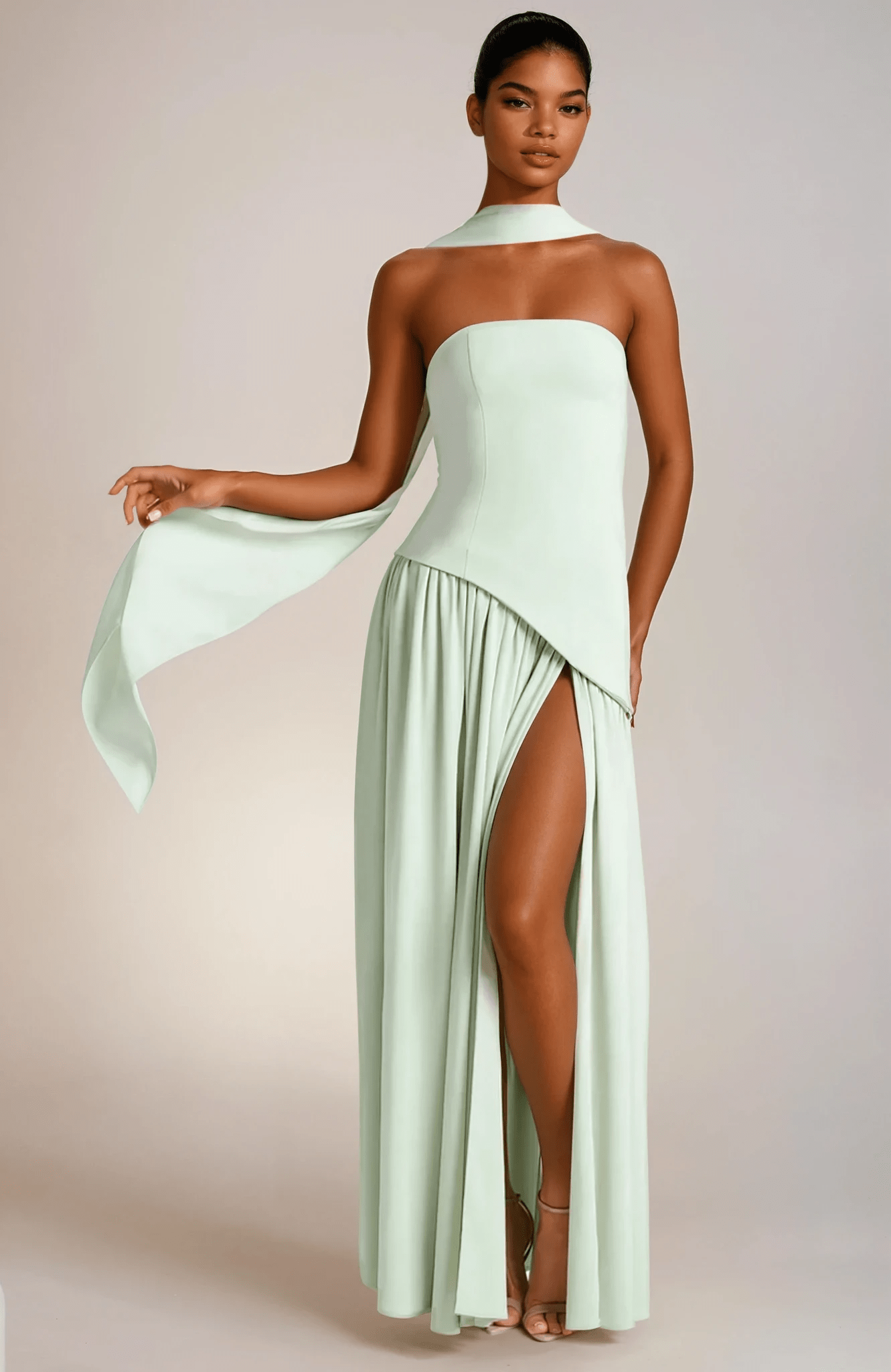 NICE TO MATCH YOU Maxi Dress Green / S Banksia Strapless Side Slit Maxi Dress with Scarf in Green