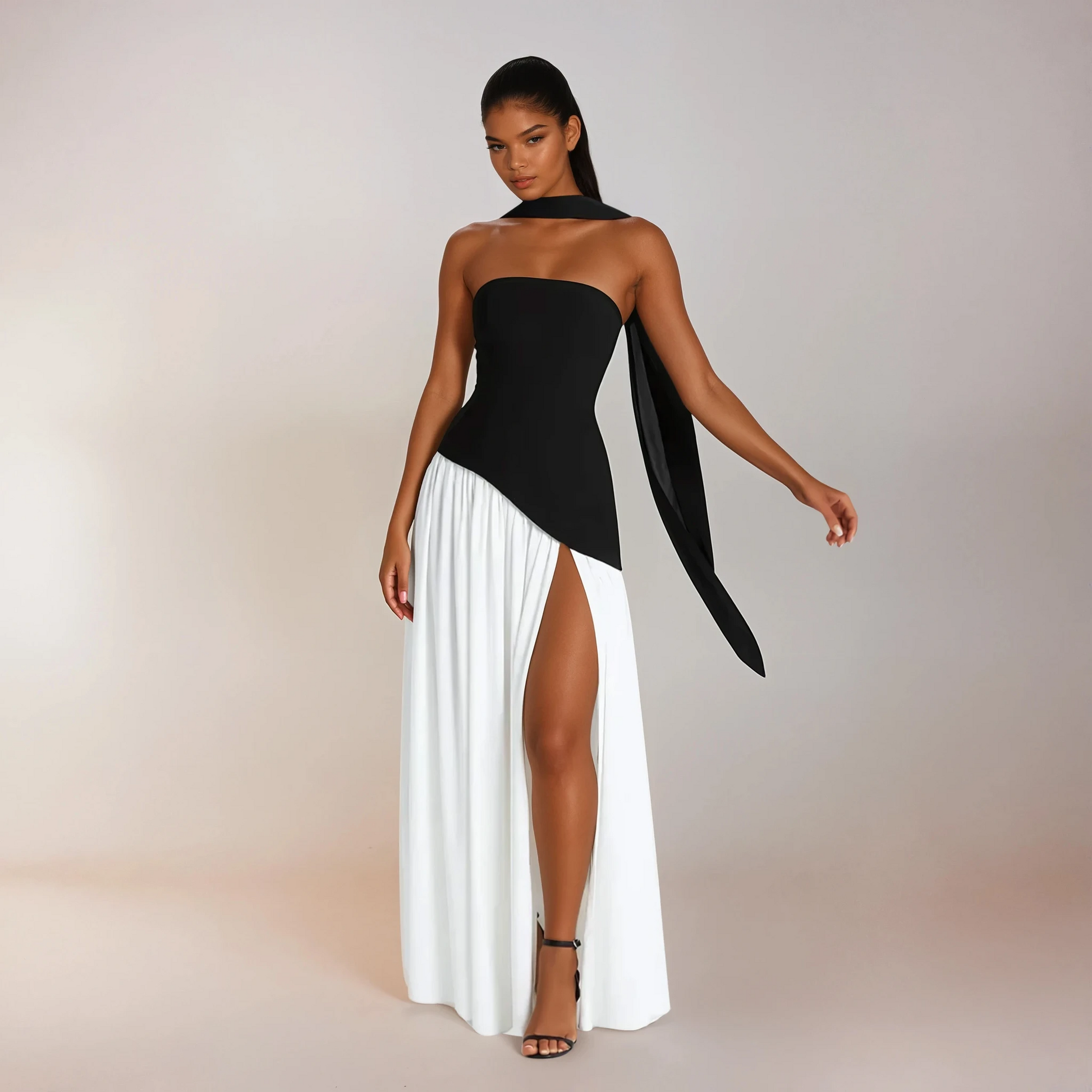 NICE TO MATCH YOU Maxi Dress Mono / S Banksia Strapless Side Slit Maxi Dress with Scarf in Mono