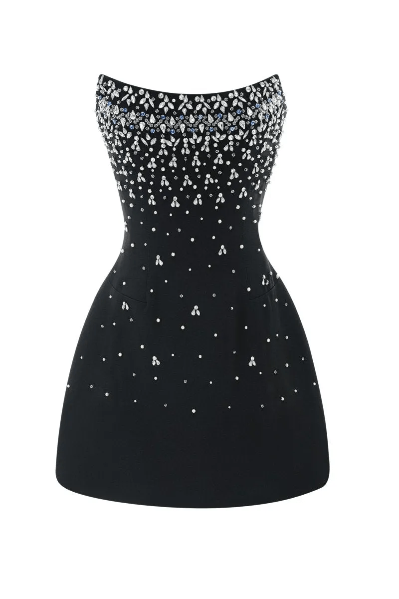 NTMY Bellflower Diamond Embellished Strapless Mini Dress in Black