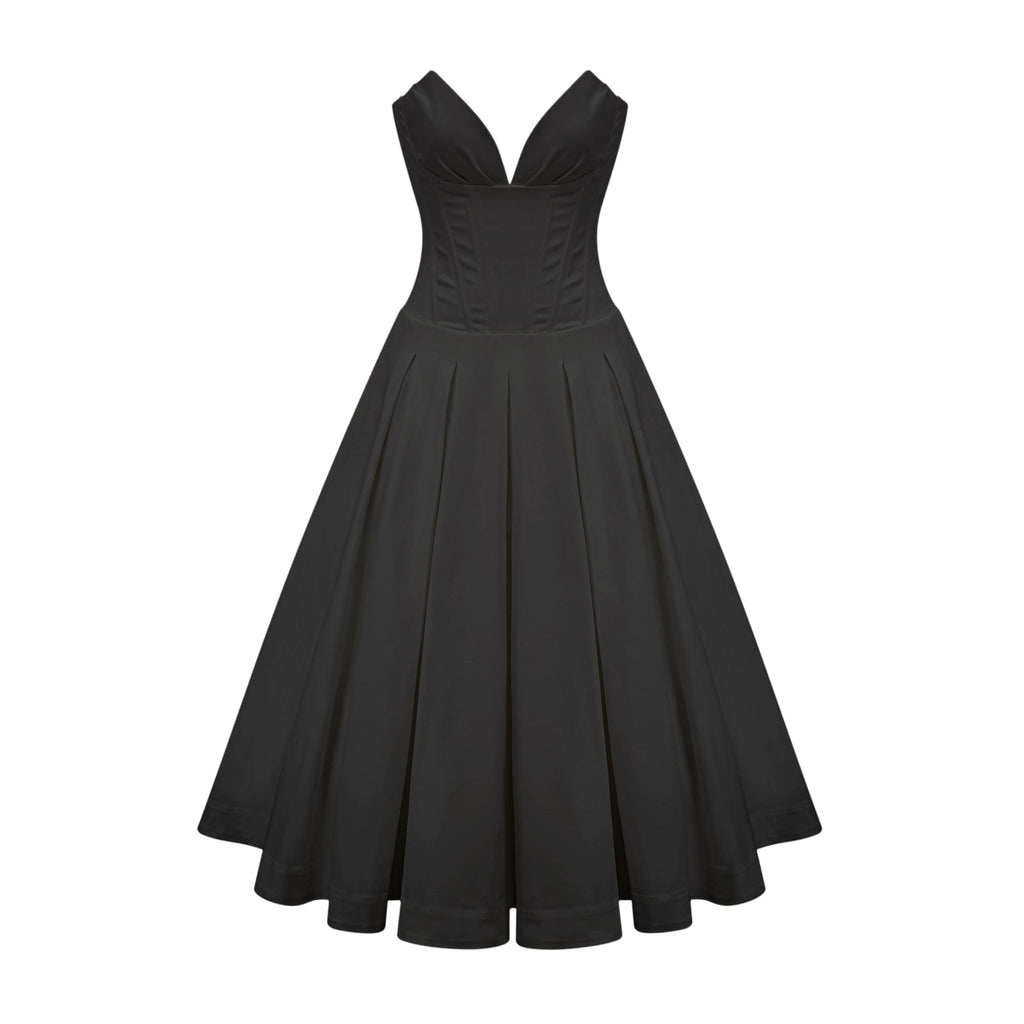 NTMY Crocus Off-Shoulder Corset Top Midi Dress in Black