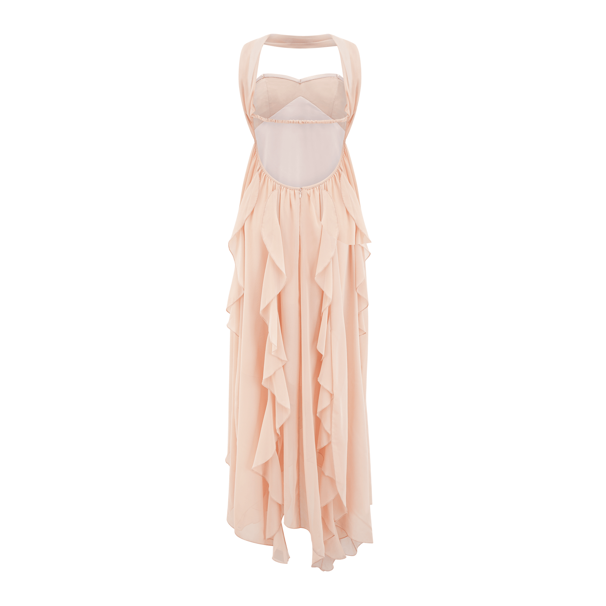 NTMY Iberis Chiffon Ruffle Flowy Maxi Dress with Scarf in Peach
