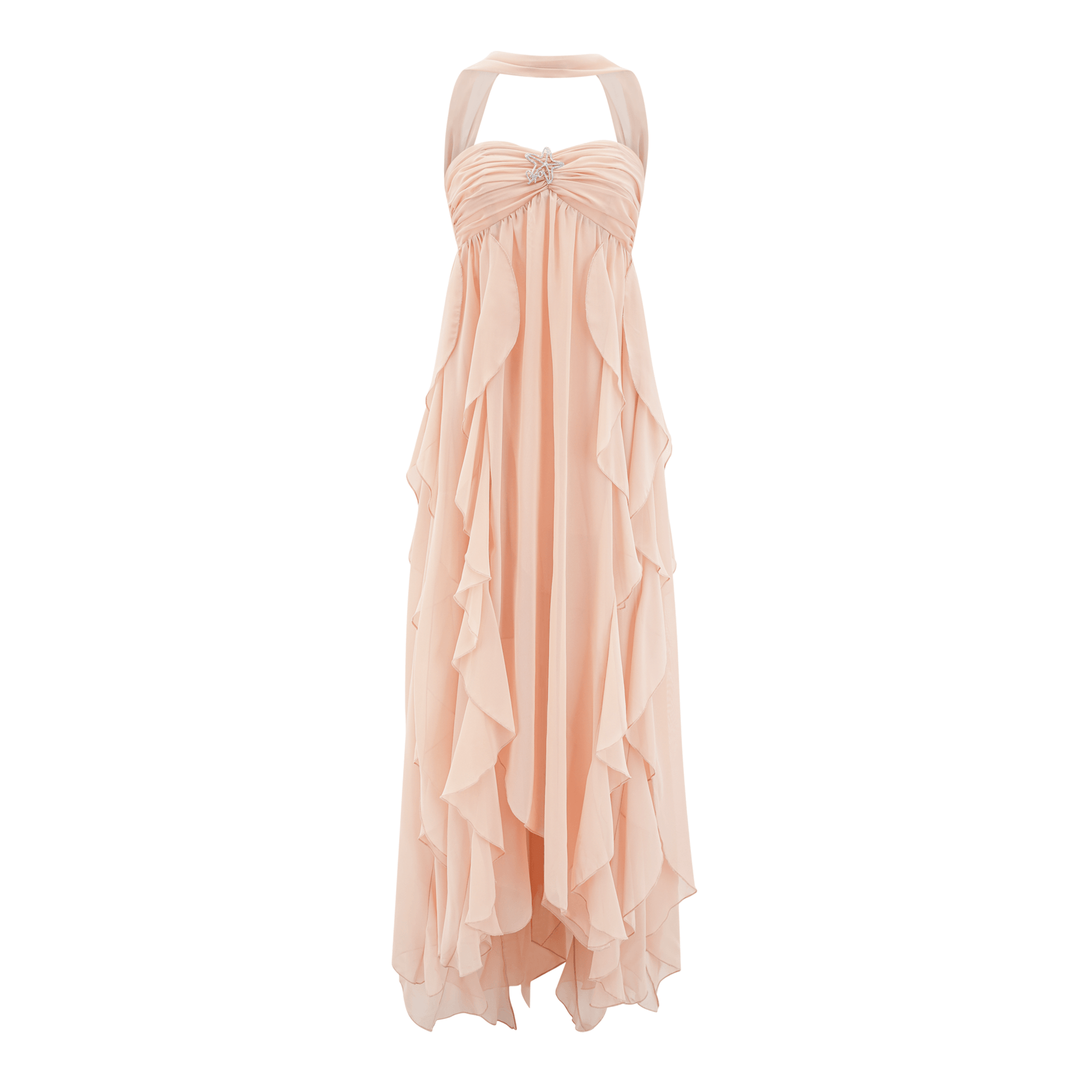 NTMY Iberis Chiffon Ruffle Flowy Maxi Dress with Scarf in Peach