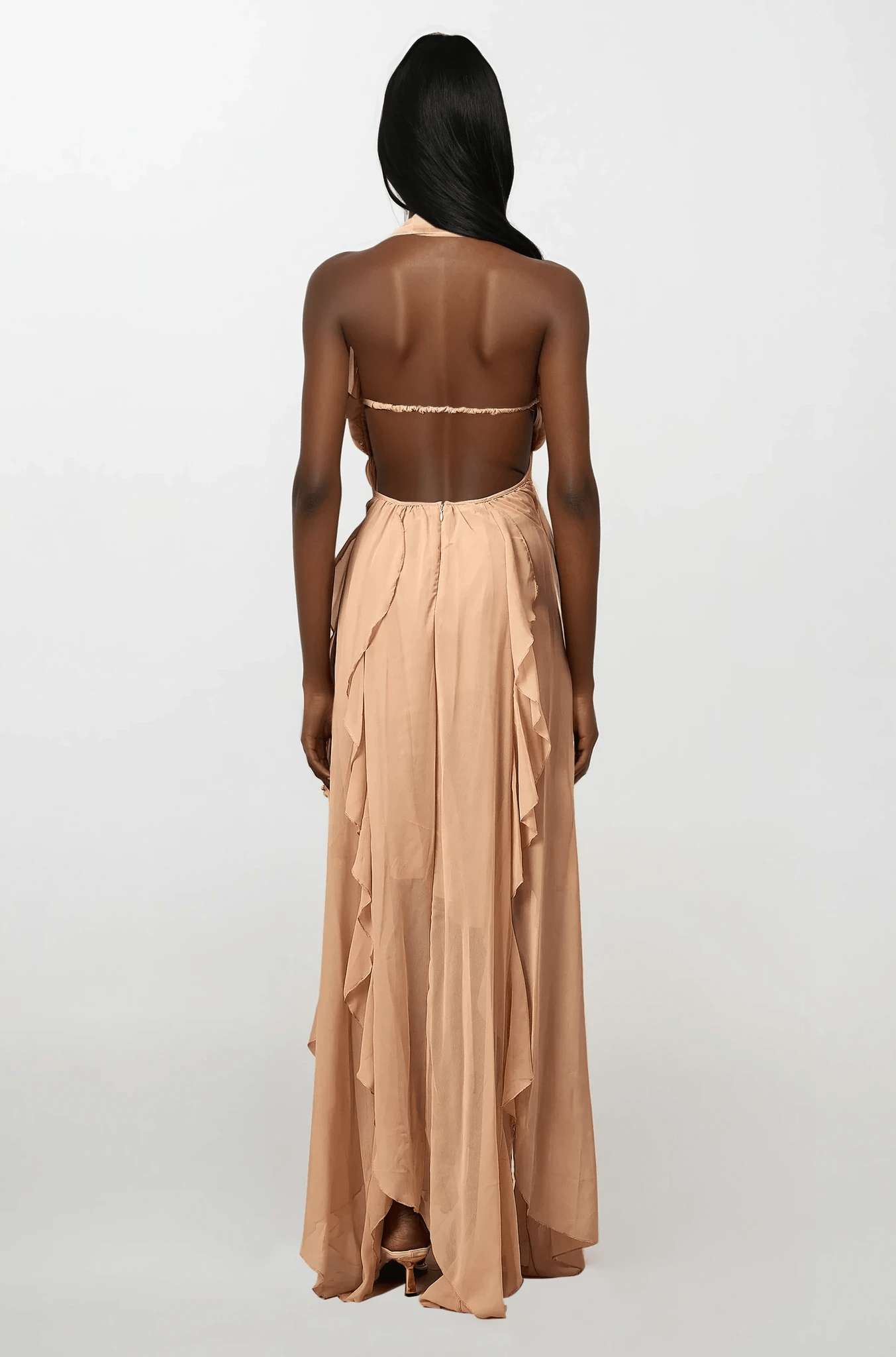 NTMY Iberis Chiffon Ruffle Flowy Maxi Dress with Scarf in Peach