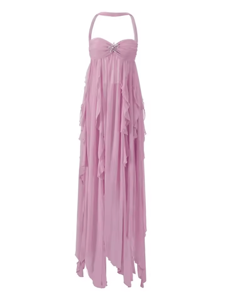 NTMY Iberis Chiffon Ruffle Flowy Maxi Dress with Scarf in Pink