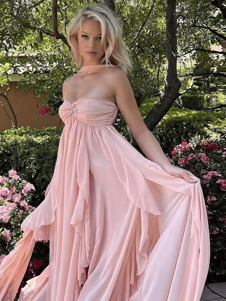 NTMY Iberis Chiffon Ruffle Flowy Maxi Dress with Scarf in Pink