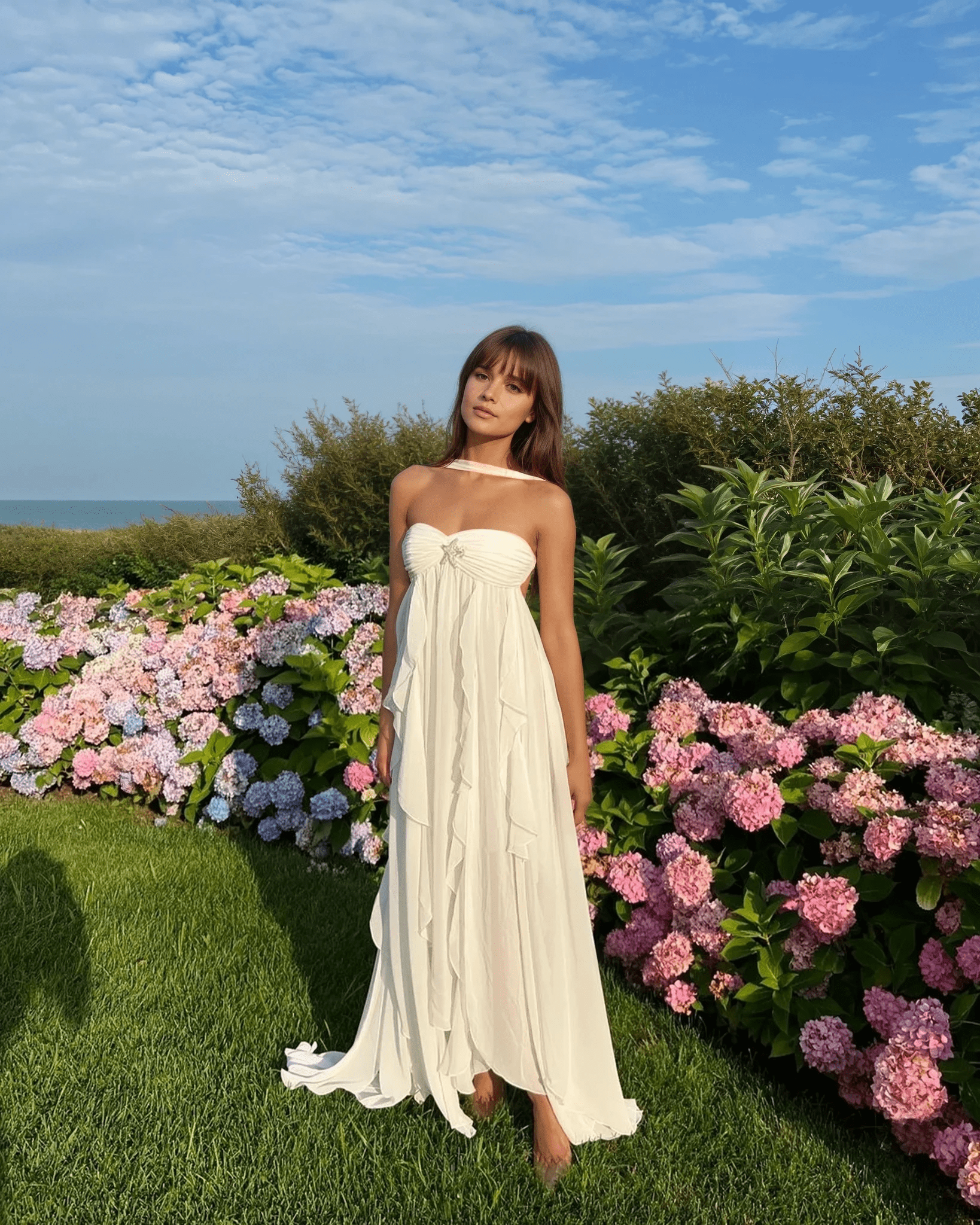 NTMY Iberis Chiffon Ruffle Flowy Maxi Dress with Scarf in White