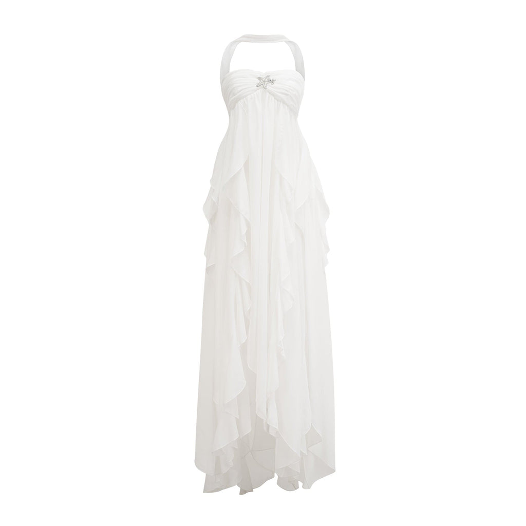 NTMY Iberis Chiffon Ruffle Flowy Maxi Dress with Scarf in White