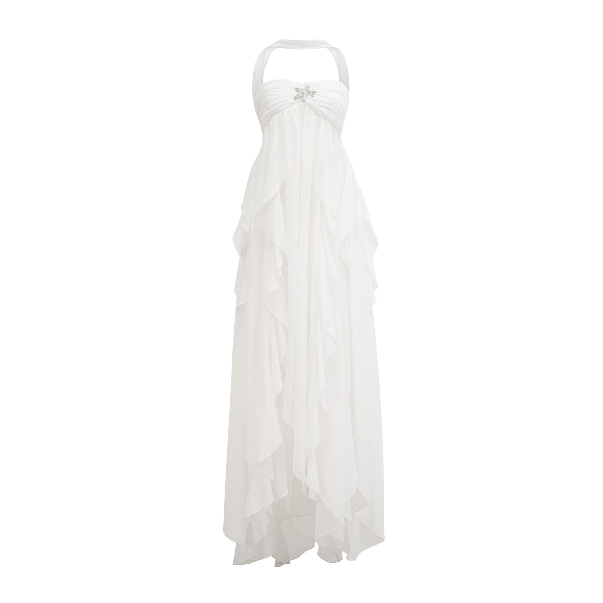 NTMY Iberis Chiffon Ruffle Flowy Maxi Dress with Scarf in White