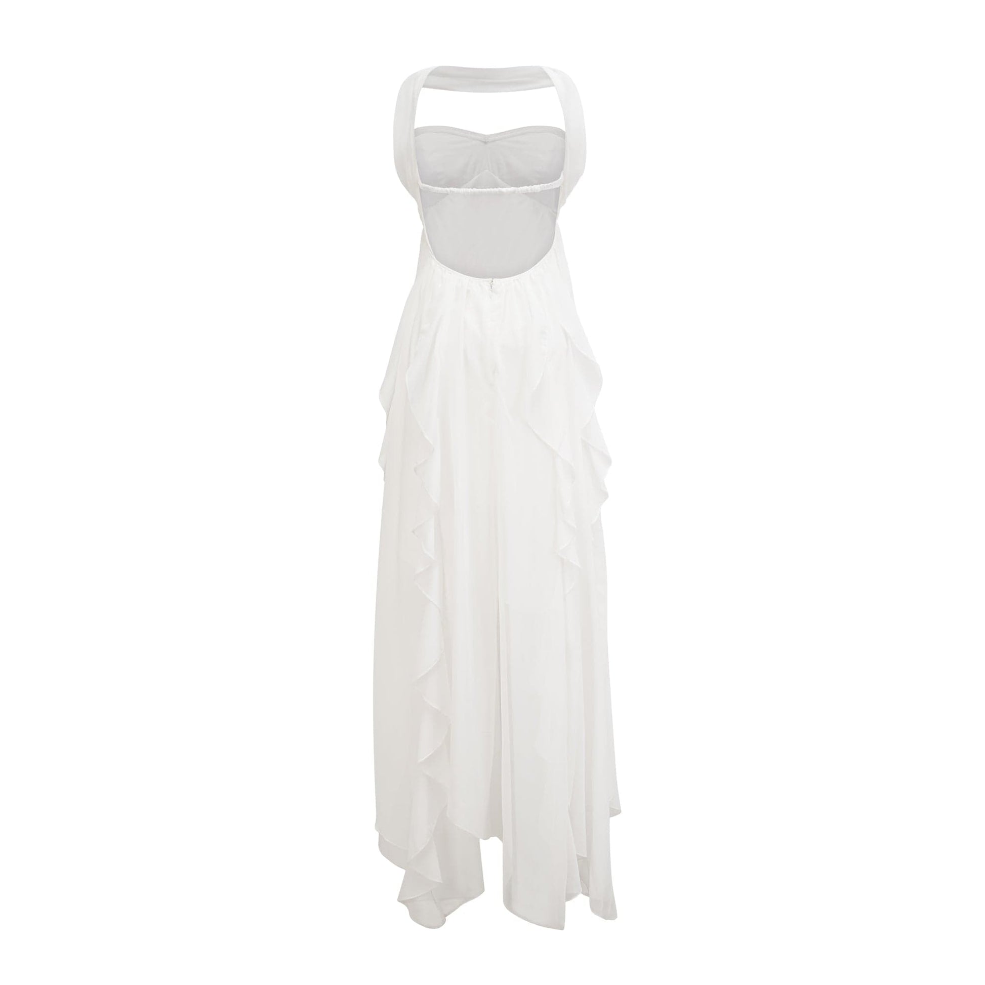 NTMY Iberis Chiffon Ruffle Flowy Maxi Dress with Scarf in White