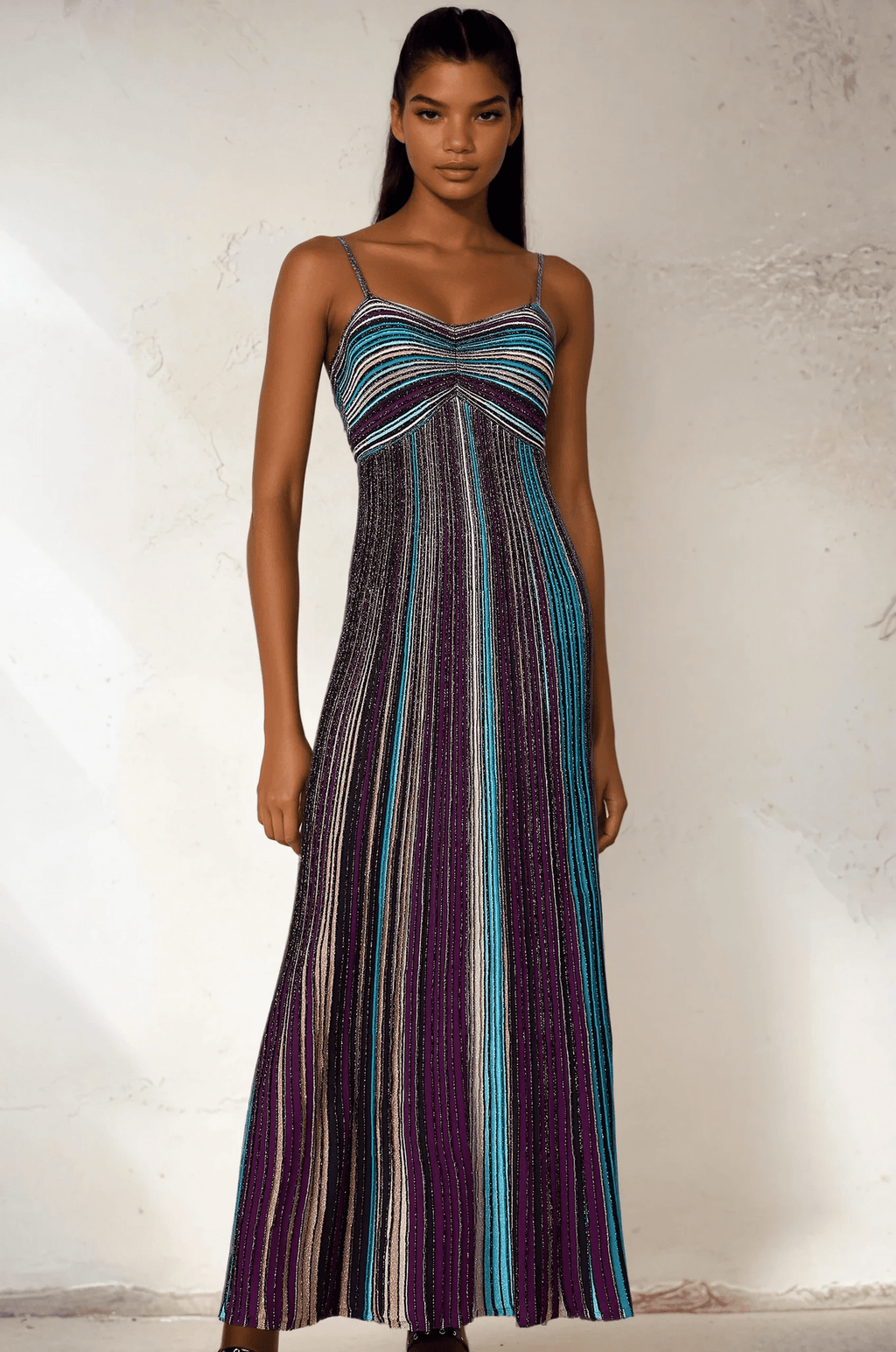 NTMY Kalmia Sequined Embellished Striped Knit Maxi Slip Dress in Purple