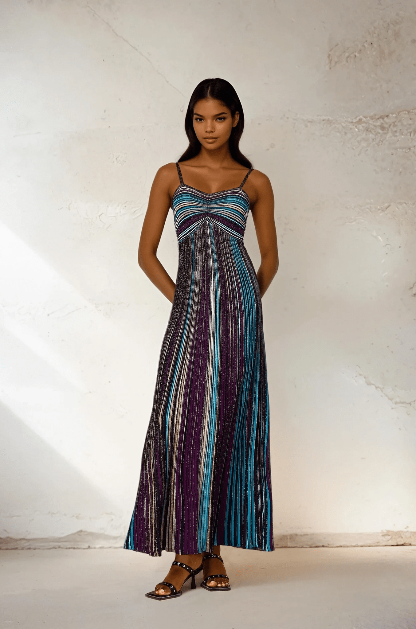 NTMY Kalmia Sequined Embellished Striped Knit Maxi Slip Dress in Purple