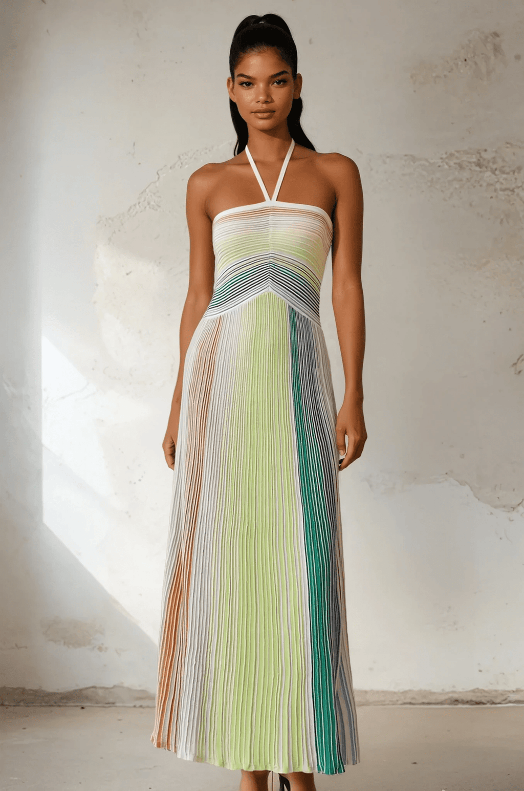 NTMY Kerria Green Metallic Knit Halterneck Maxi Dress