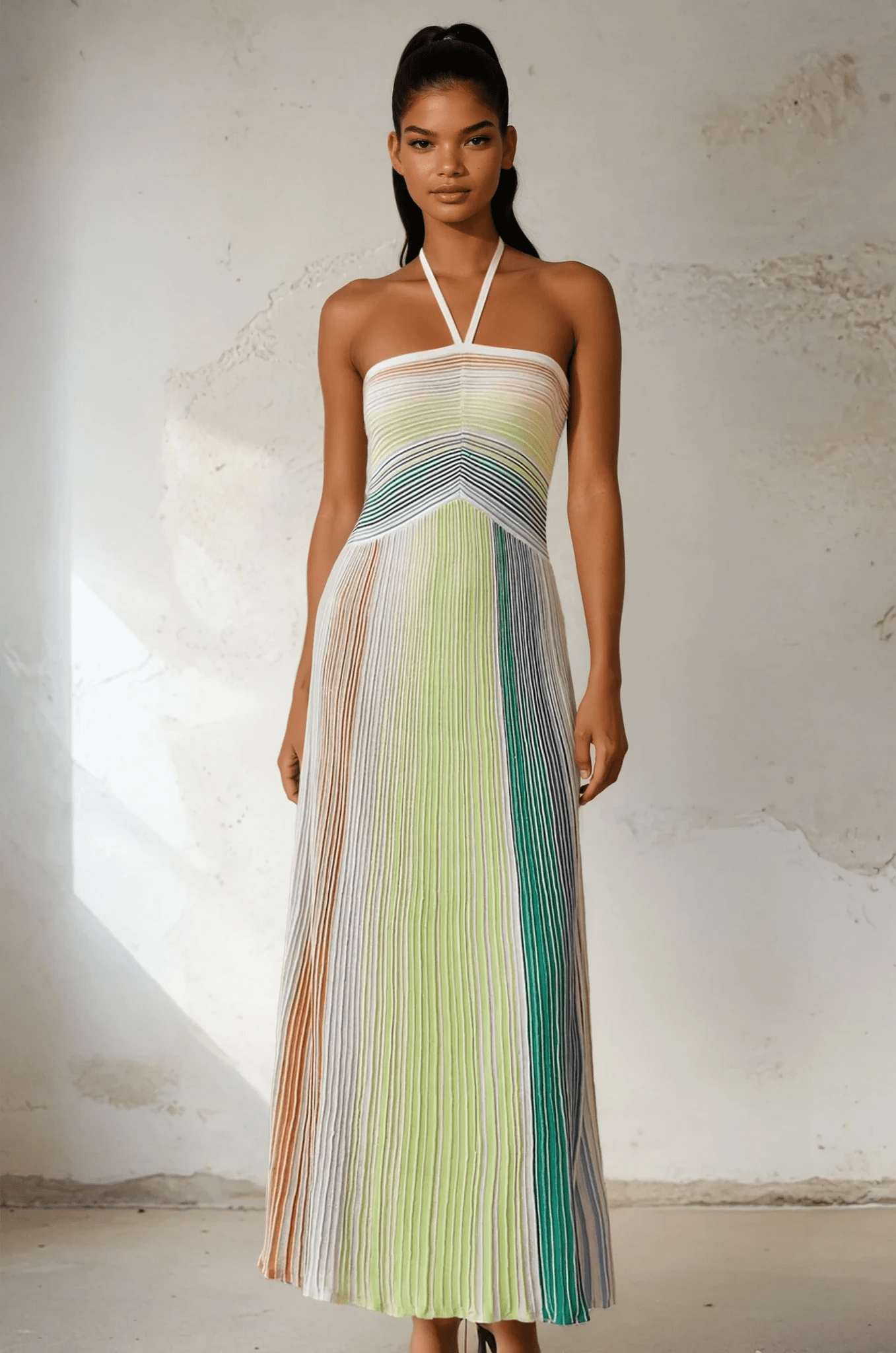 NTMY Kerria Green Metallic Knit Halterneck Maxi Dress
