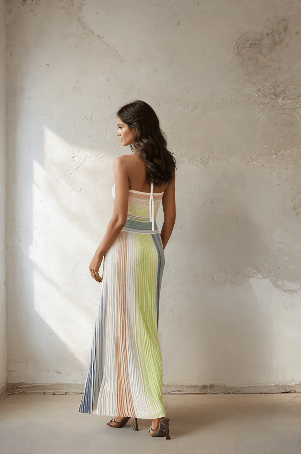 NTMY Kerria Green Metallic Knit Halterneck Maxi Dress