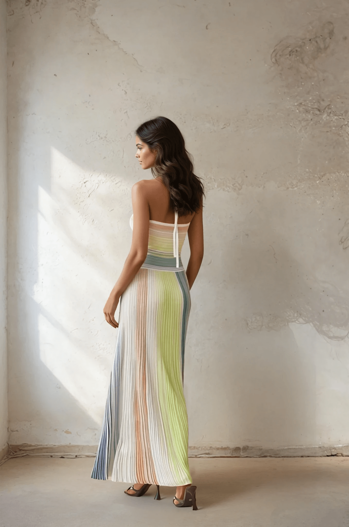 NTMY Kerria Green Metallic Knit Halterneck Maxi Dress