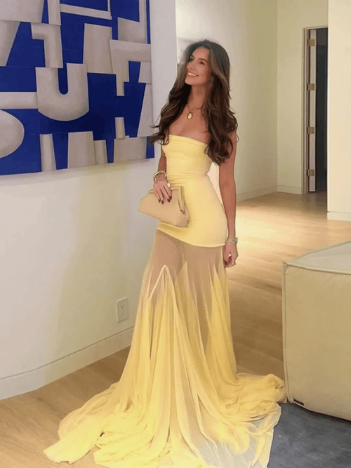 NTMY Maxi Dress Achillea Strapless Maxi Dress with Mesh Tule Skirt in Butter Yellow