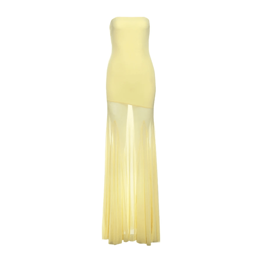 NTMY Maxi Dress Achillea Strapless Maxi Dress with Mesh Tule Skirt in Butter Yellow