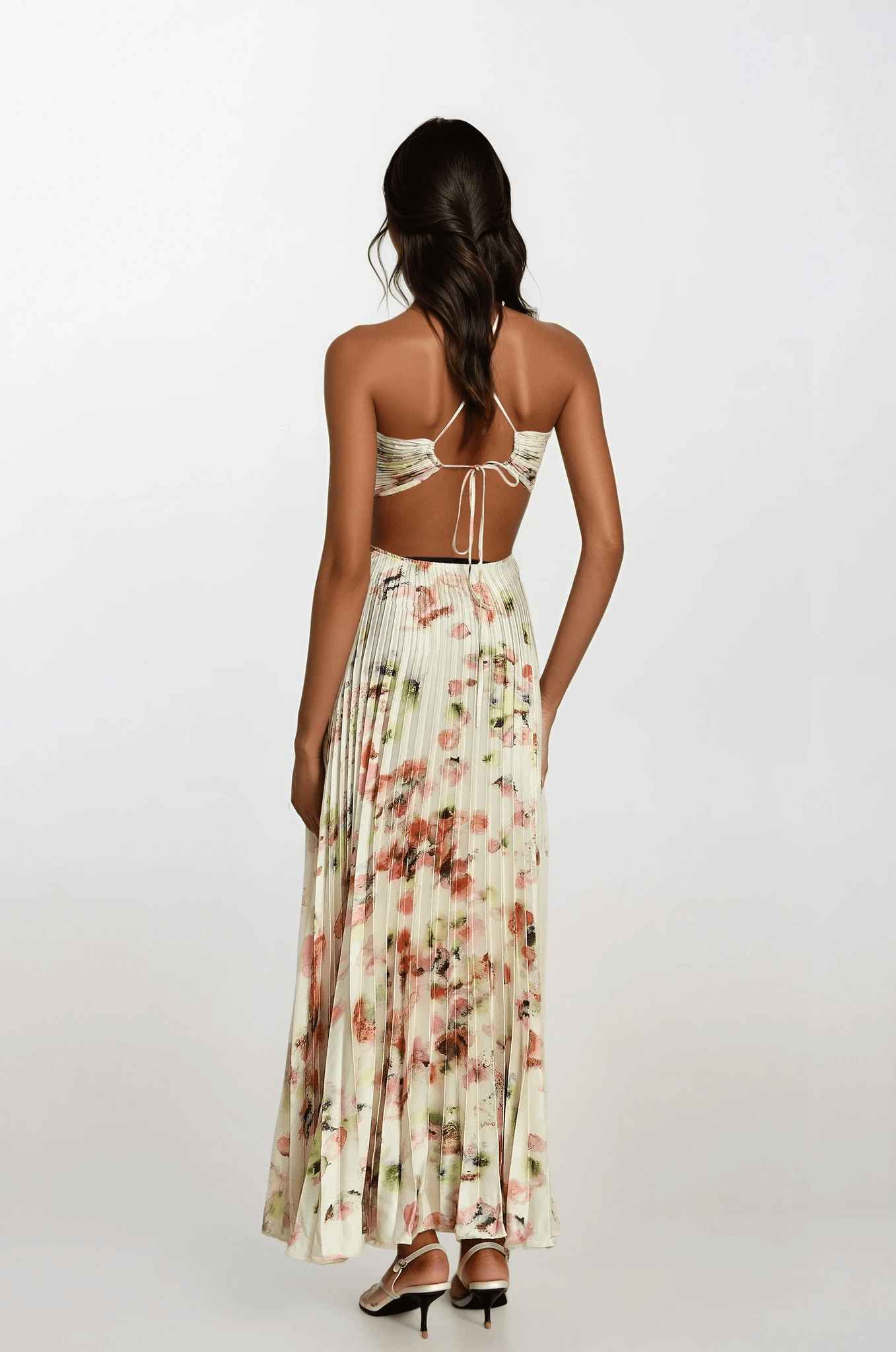 NTMY Maxi Dress Bellis Cut-Out Floral-Print Pleated Maxi Dress in Ivory