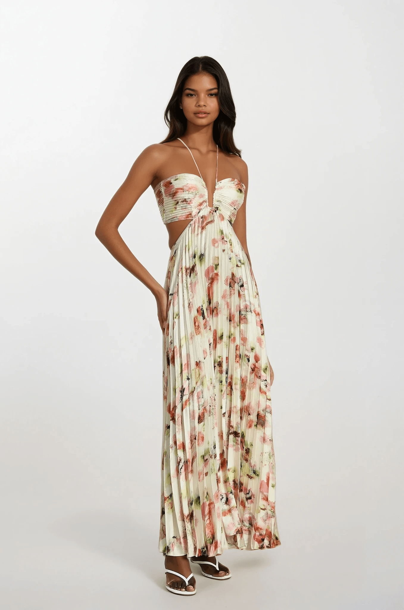 NTMY Maxi Dress Bellis Cut-Out Floral-Print Pleated Maxi Dress in Ivory