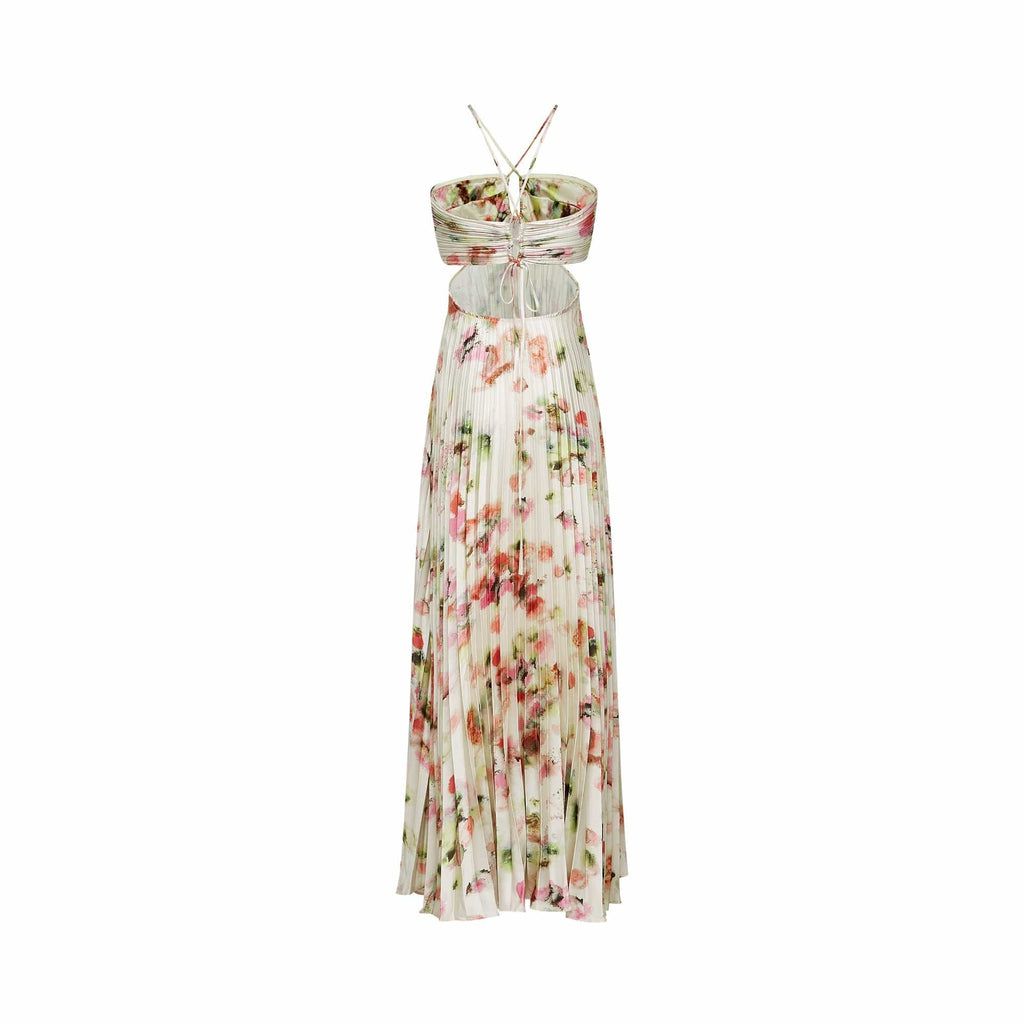 NTMY Maxi Dress Bellis Cut-Out Floral-Print Pleated Maxi Dress in Ivory