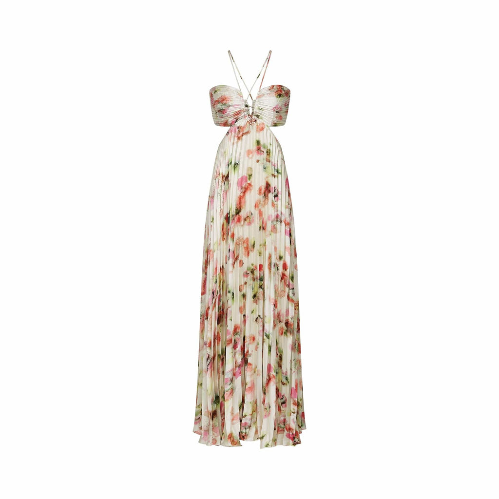 NTMY Maxi Dress Bellis Cut-Out Floral-Print Pleated Maxi Dress in Ivory