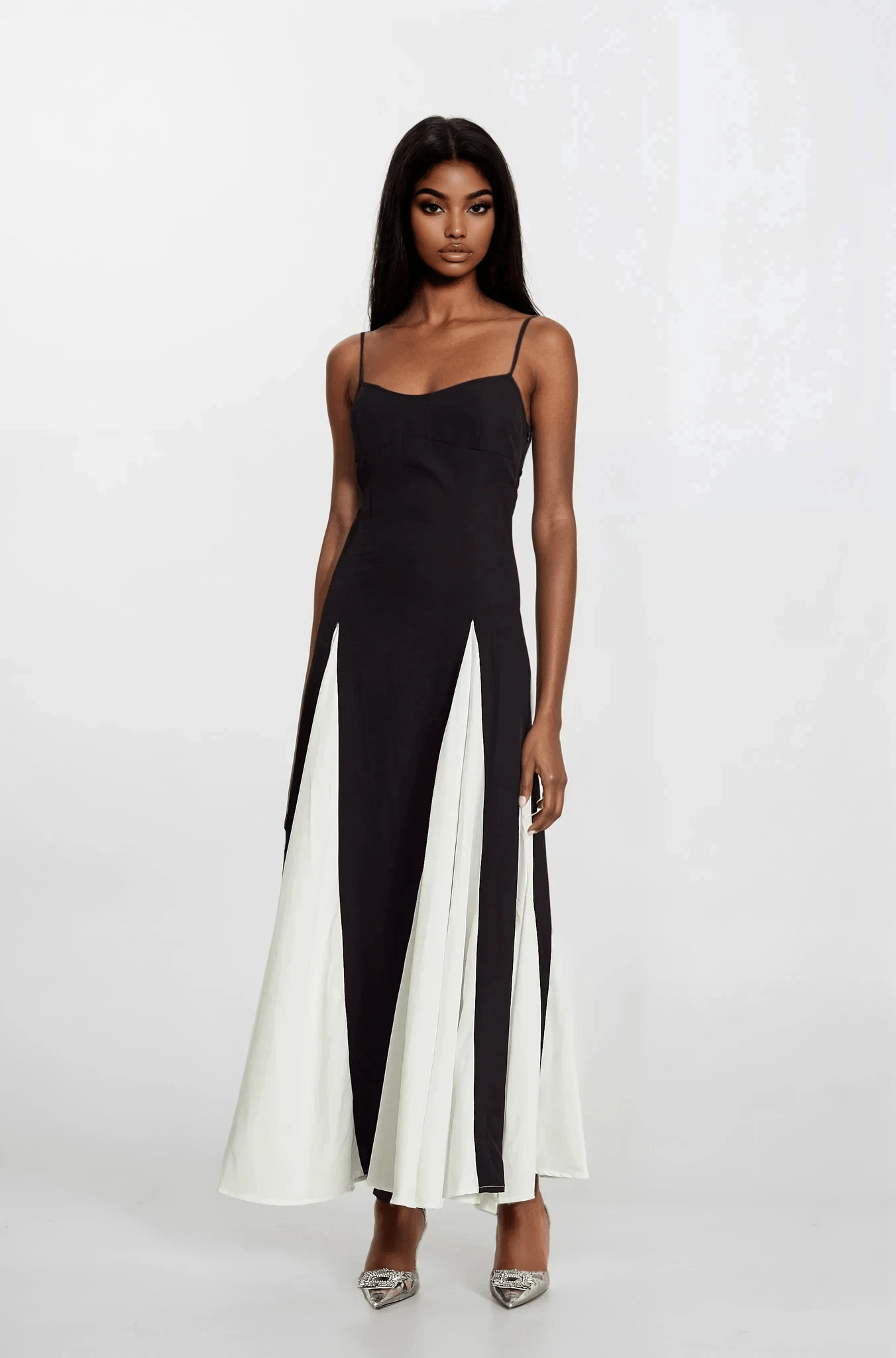 NTMY Maxi Dress Black-White / S Begonia Color Block Flowy Summer Maxi Dress in Black and White
