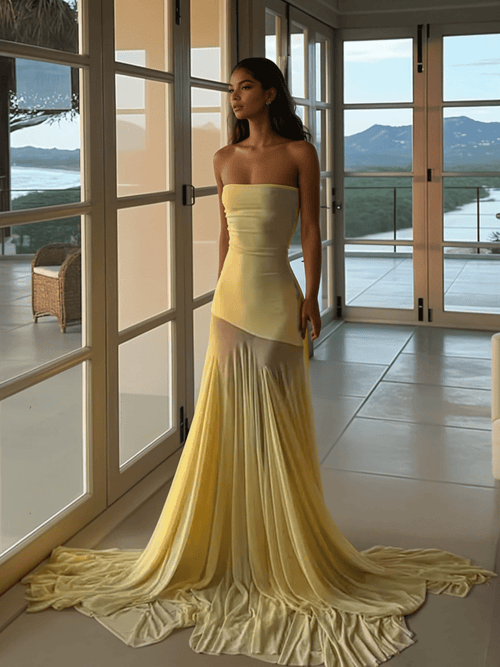 NTMY Maxi Dress Butter Yellow / S Achillea Strapless Maxi Dress with Mesh Tule Skirt in Butter Yellow