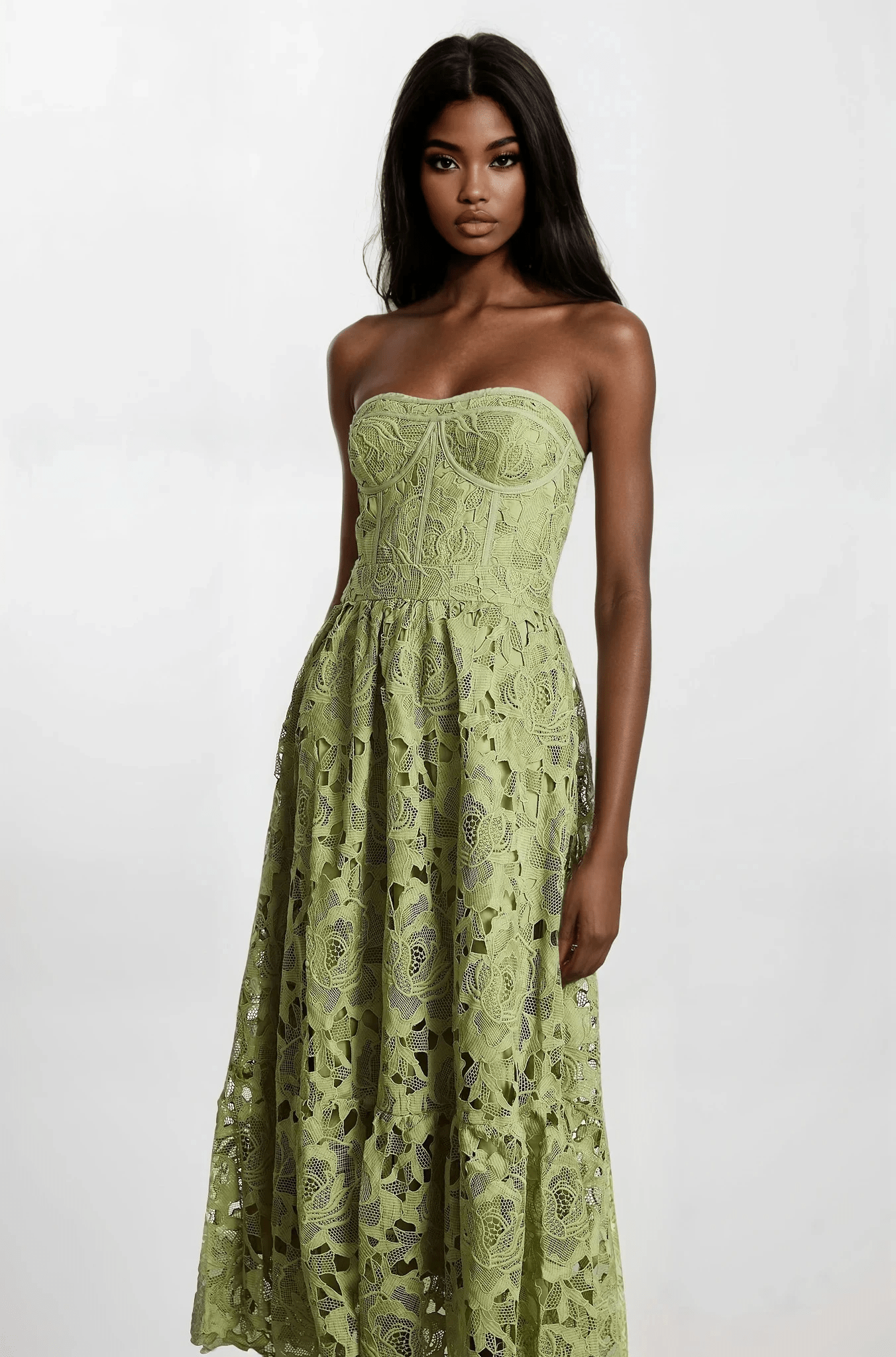 NTMY Maxi Dress Cyclamen Floral Broderie Lace Bandeau Top Midi Dress in Green
