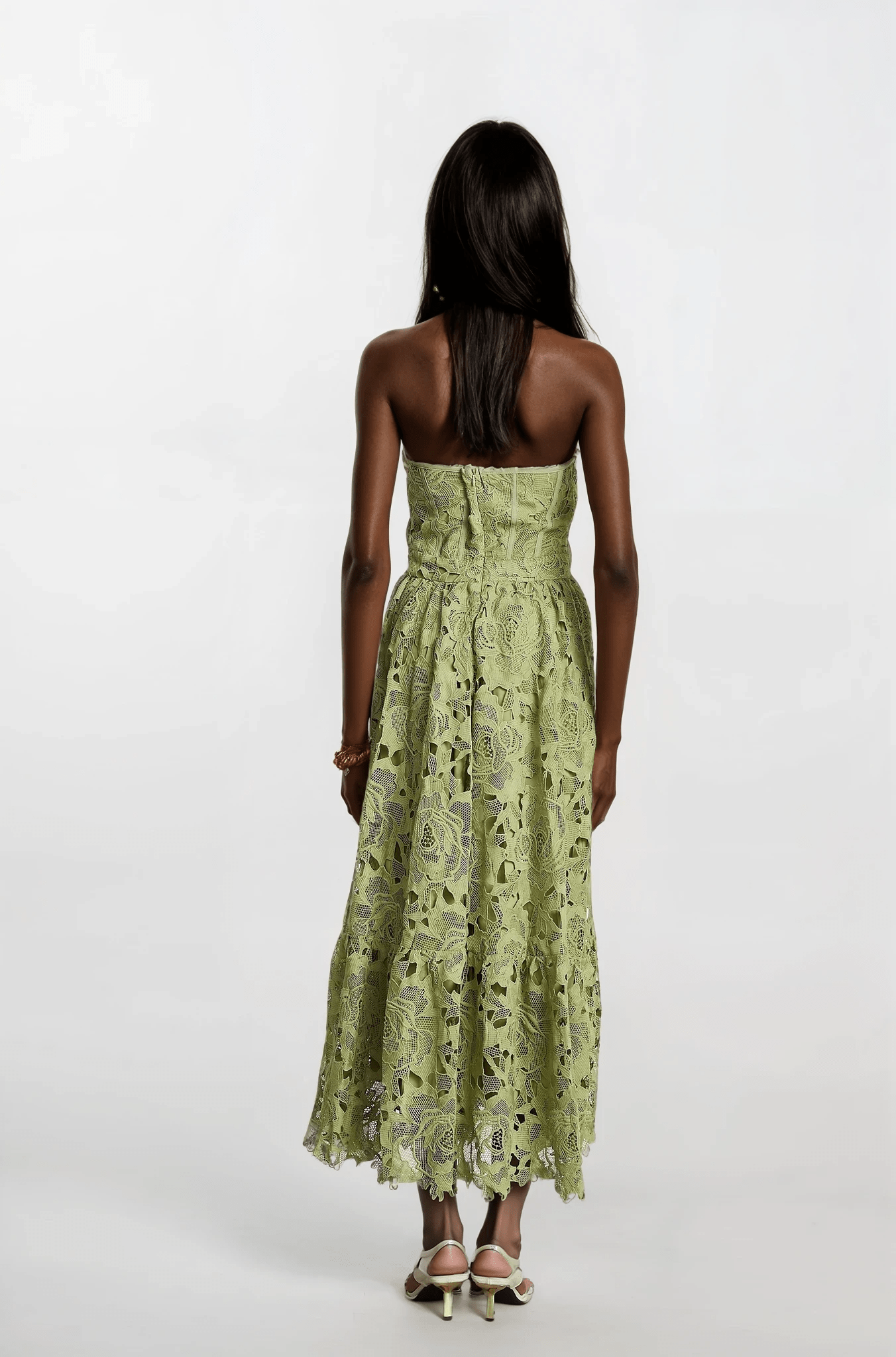 NTMY Maxi Dress Cyclamen Floral Broderie Lace Bandeau Top Midi Dress in Green