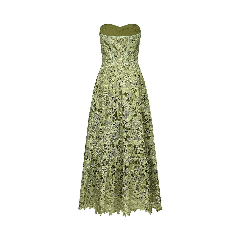 NTMY Maxi Dress Cyclamen Floral Broderie Lace Bandeau Top Midi Dress in Green