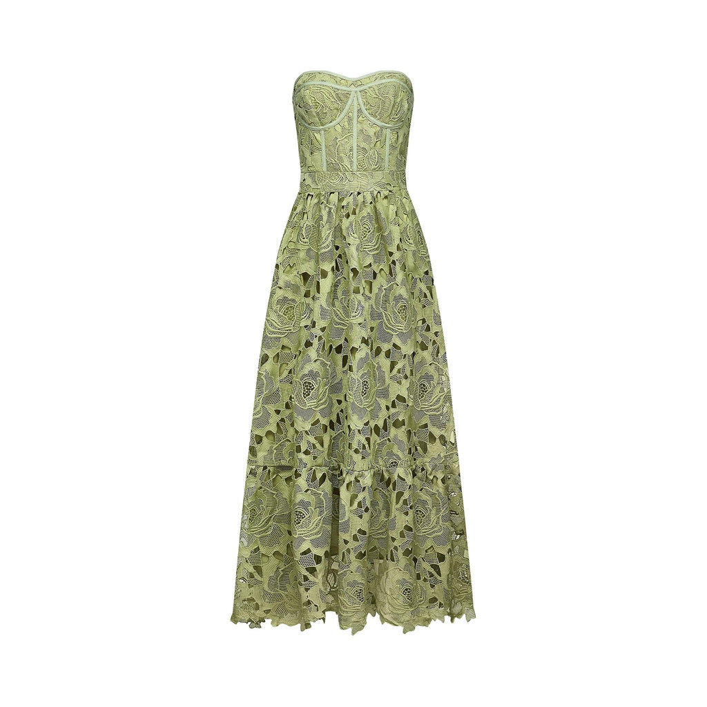 NTMY Maxi Dress Cyclamen Floral Broderie Lace Bandeau Top Midi Dress in Green