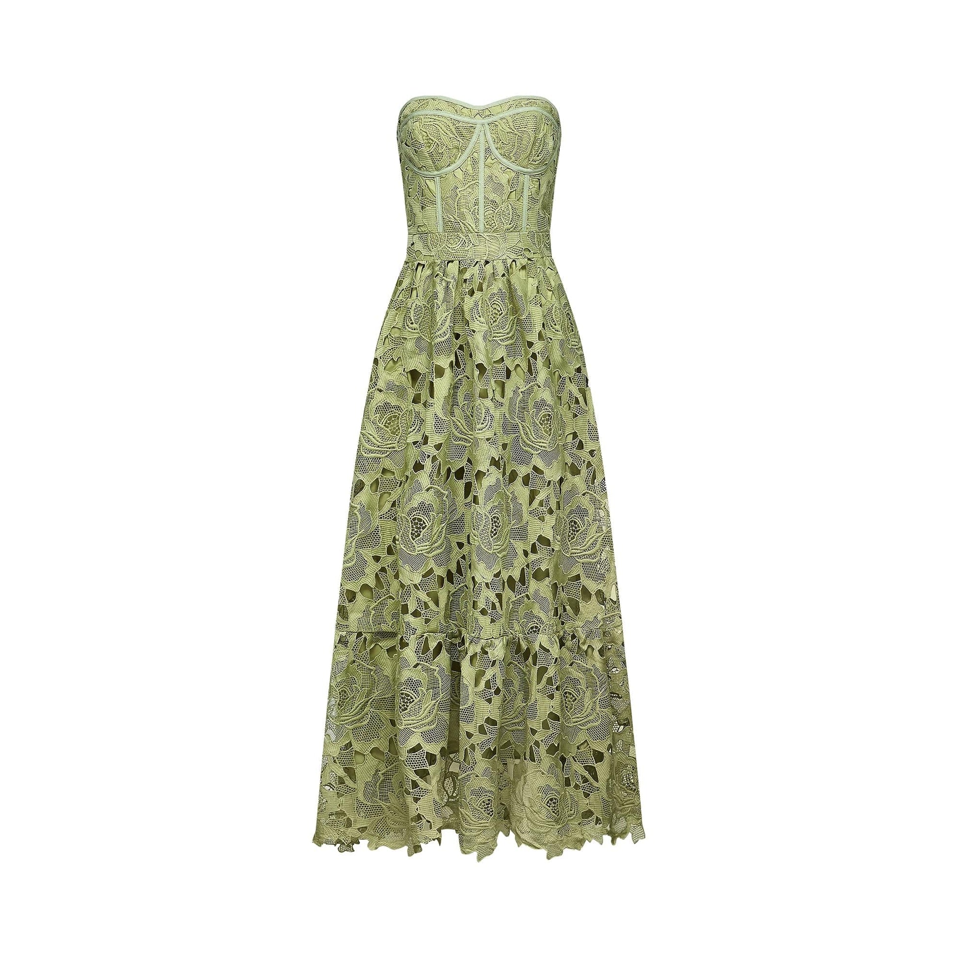 NTMY Maxi Dress Cyclamen Floral Broderie Lace Bandeau Top Midi Dress in Green