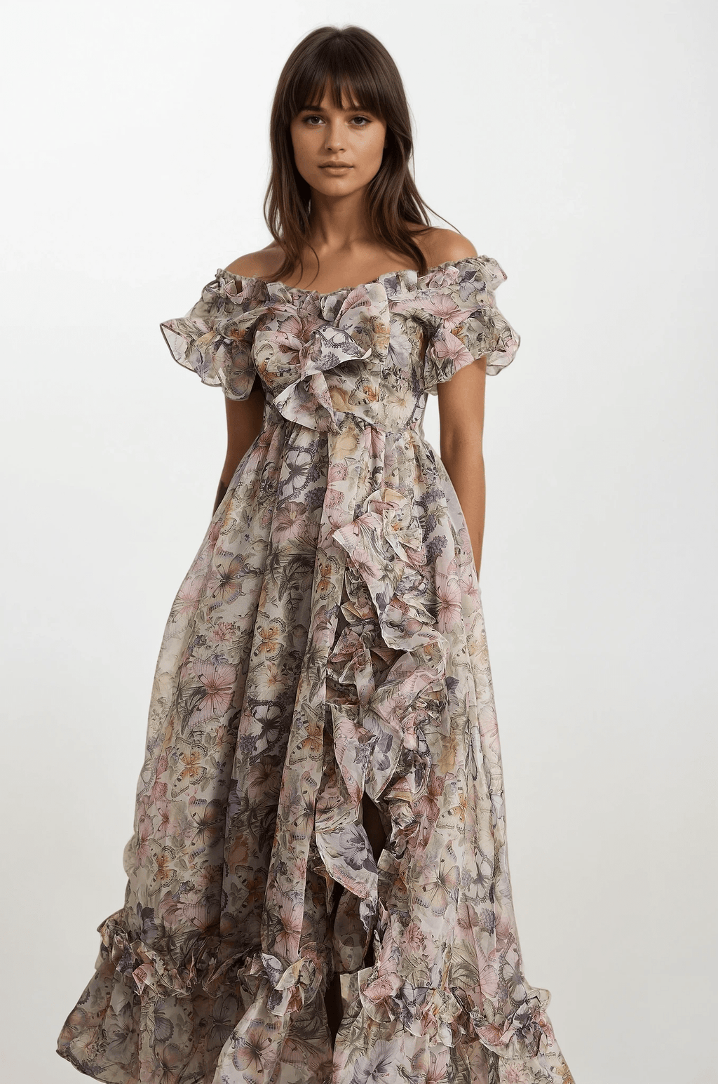 NTMY Maxi Dress Dalia Off-Shoulder Ruffled Flowy Midi Dress in Pink