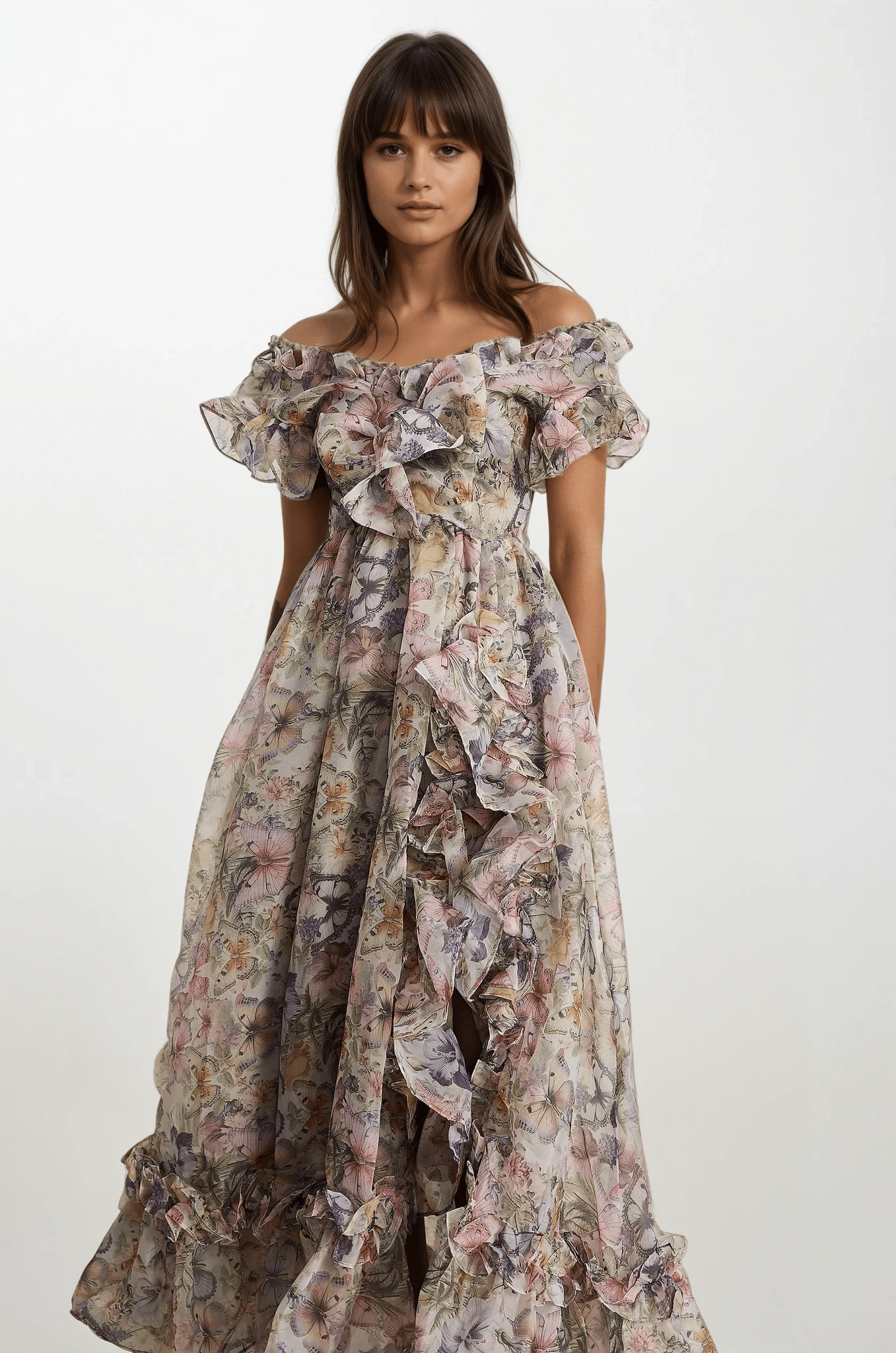 NTMY Maxi Dress Dalia Off-Shoulder Ruffled Flowy Midi Dress in Pink