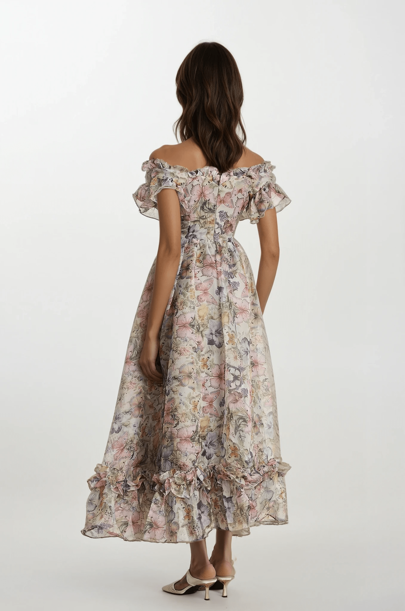 NTMY Maxi Dress Dalia Off-Shoulder Ruffled Flowy Midi Dress in Pink