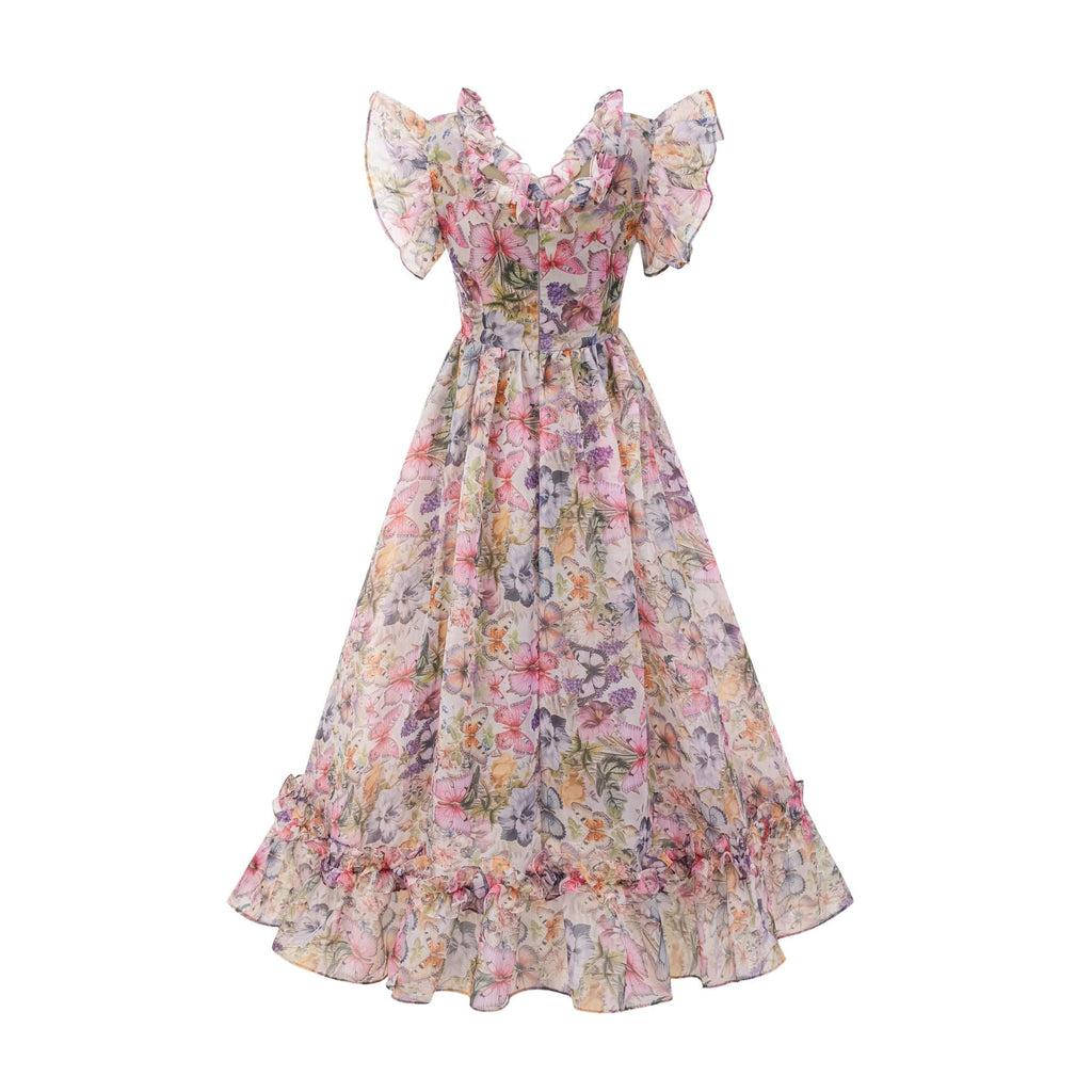 NTMY Maxi Dress Dalia Off-Shoulder Ruffled Flowy Midi Dress in Pink