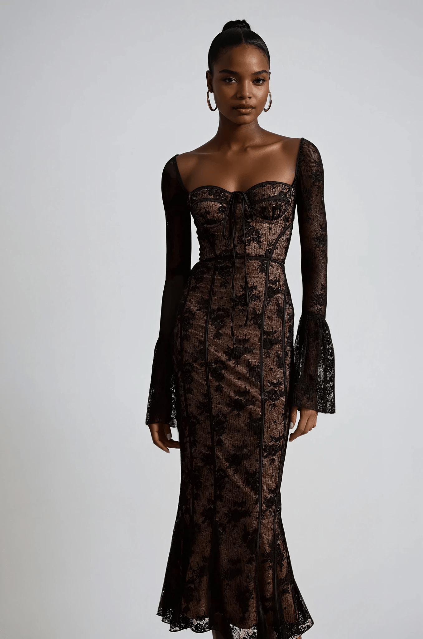 NTMY Maxi Dress Furze Flared Hem Sweetheart Maxi Lace Dress in Black