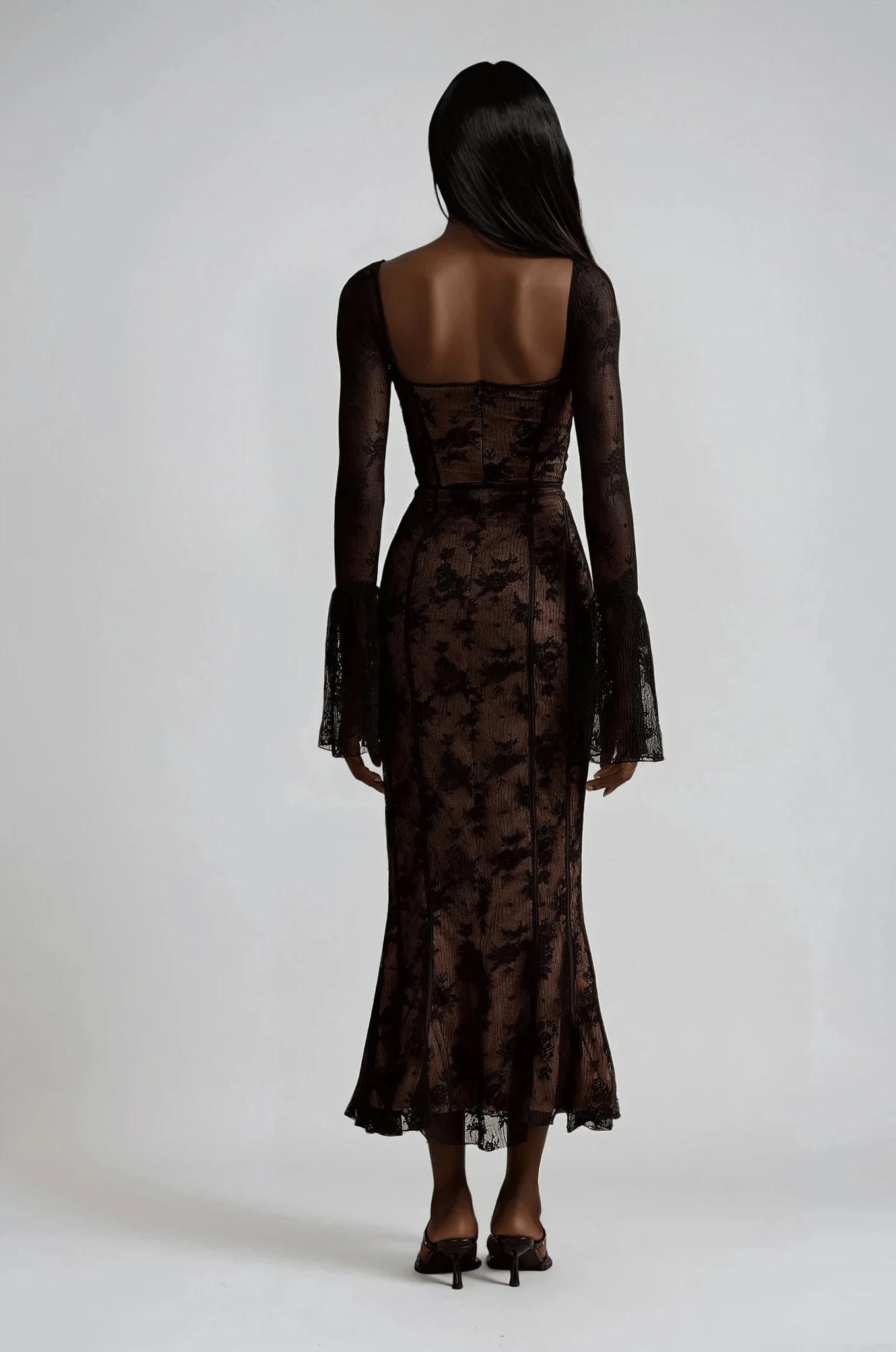 NTMY Maxi Dress Furze Flared Hem Sweetheart Maxi Lace Dress in Black