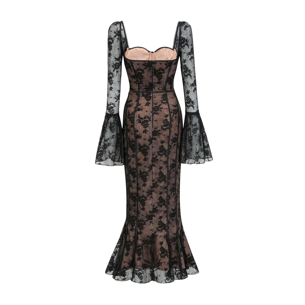 NTMY Maxi Dress Furze Flared Hem Sweetheart Maxi Lace Dress in Black