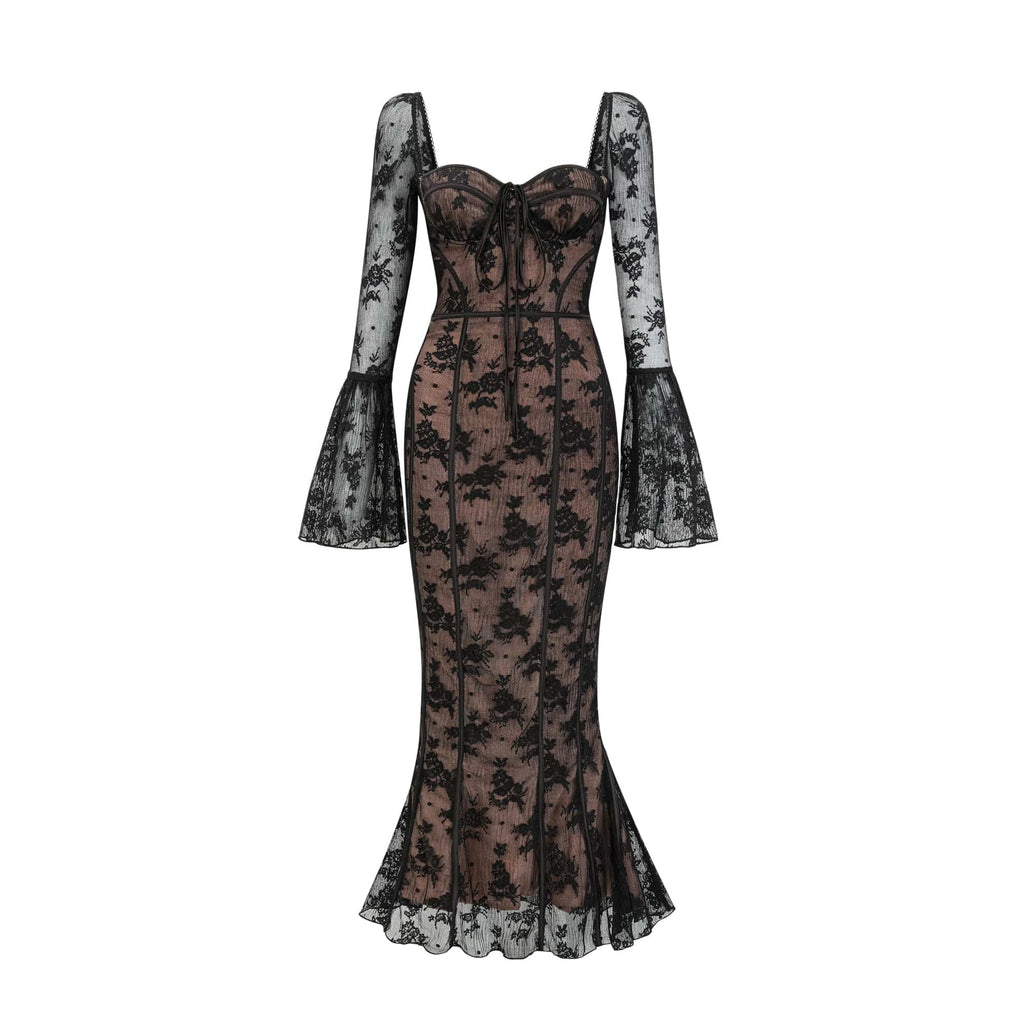 NTMY Maxi Dress Furze Flared Hem Sweetheart Maxi Lace Dress in Black