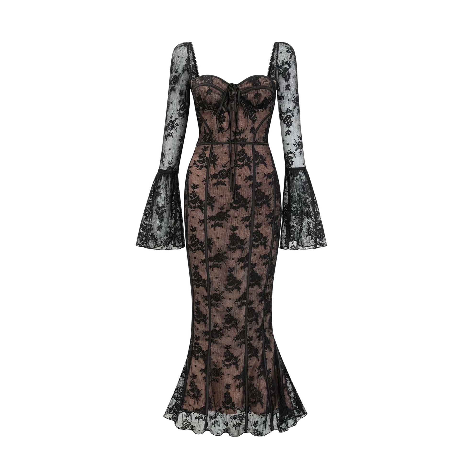 NTMY Maxi Dress Furze Flared Hem Sweetheart Maxi Lace Dress in Black