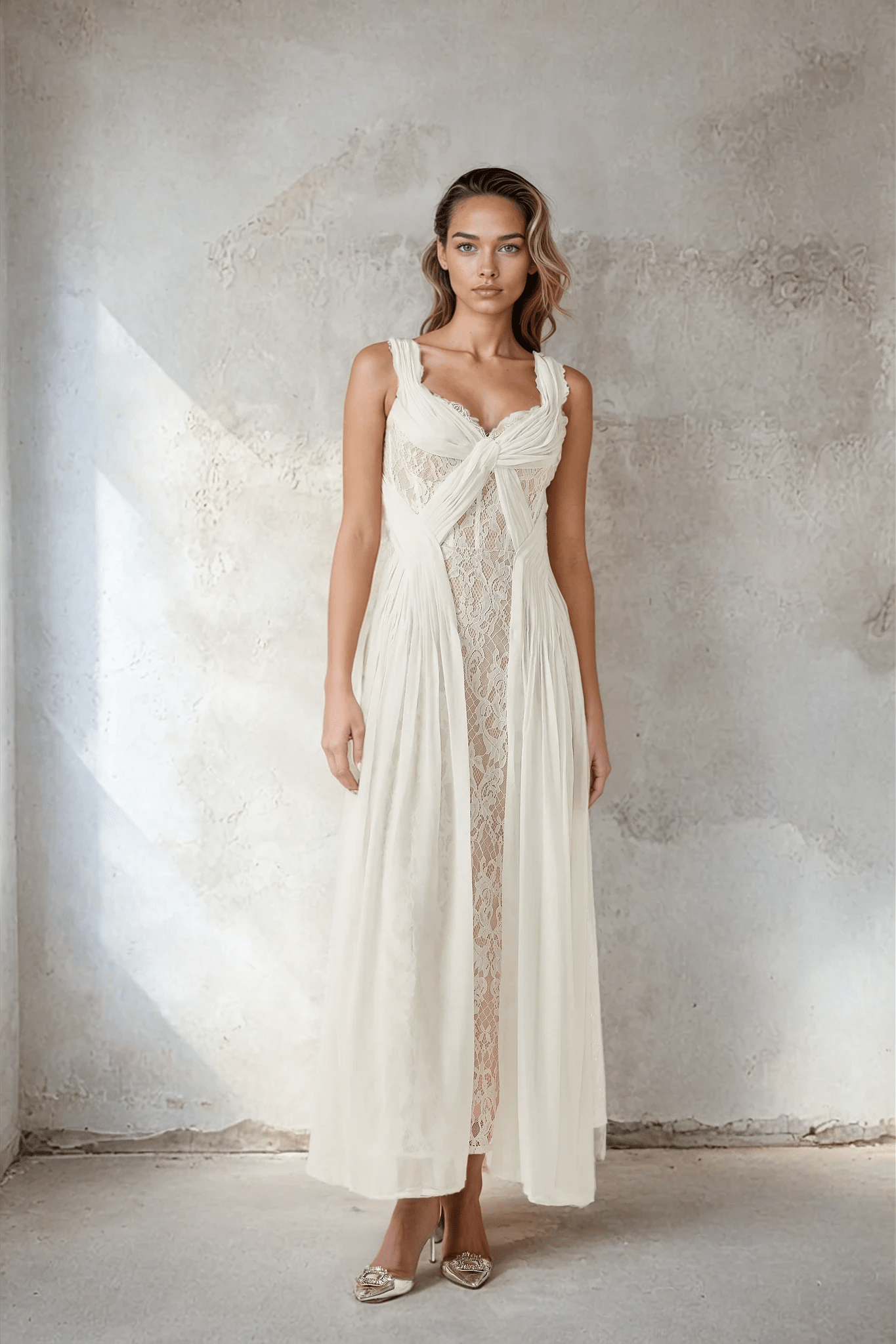 NTMY Maxi Dress Hoya Lace Pleated Bridal Maxi Dress in White